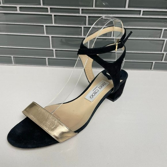 JIMMY CHOO "Marine" 35 Black Suede & Gold Leather Ankle Strap Block Heel Sandals
